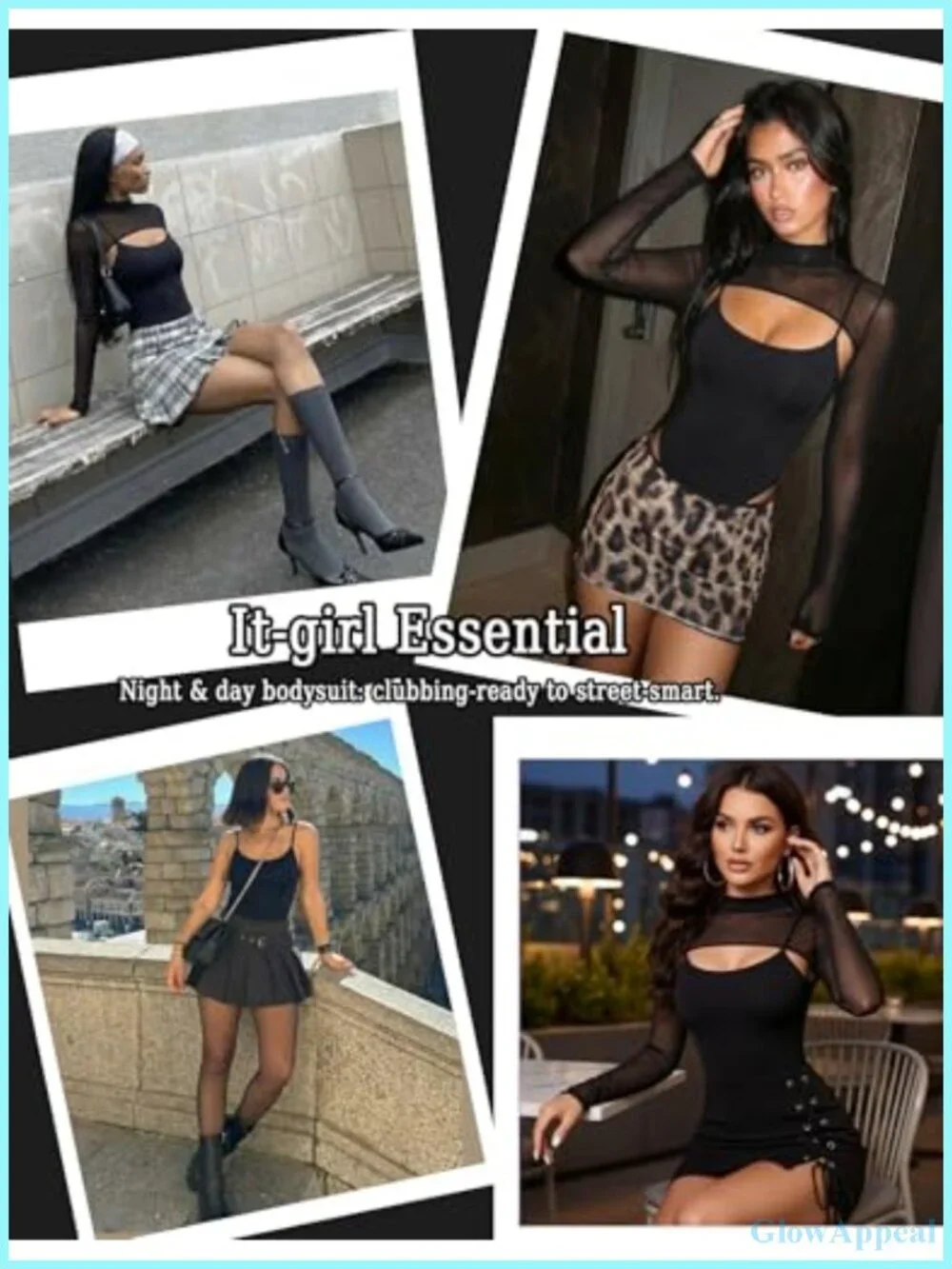 Long Sleeve Mesh Bodysuit Mock Neck Two-Piece Thong Shapewear